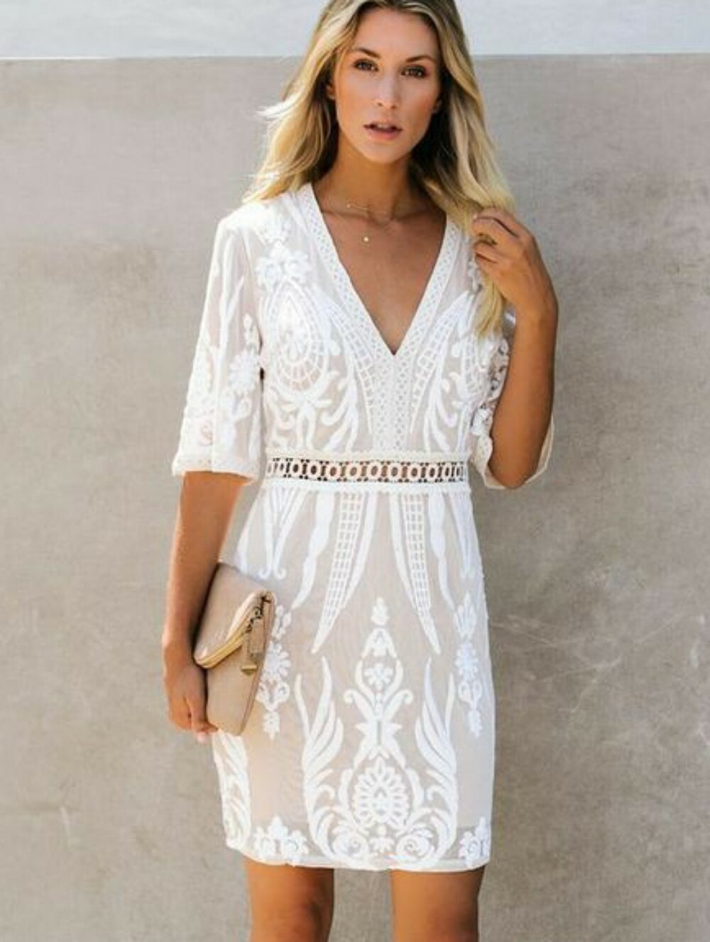 Sheilay Endless Rose White Tan Lace Overlay Bridal Dress Short Sleeve Large